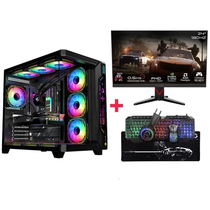 Customized Gaming PC Bundle - Intel i5 14400F Processor, 16GB RAM, 1TB SSD, RTX 3050 6GB, 650W PSU, 24" FHD 180Hz Monitor & All-In-One Gaming Bundle (Keyboard, Headset, Mouse & Mousepad) - Black