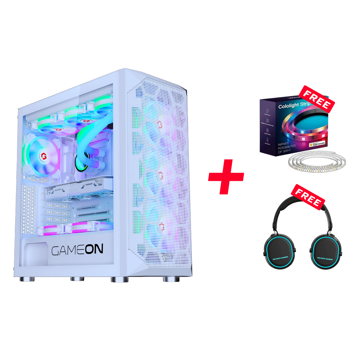 Customized Gaming PC Bundle - Intel i5 12400F Processor, 16GB RAM, 1TB SSD, RTX 3050 6GB, 650W PSU, Liquid Cooler + FREE Cololight LED Strip Light & Deltaco Gaming Headset - White