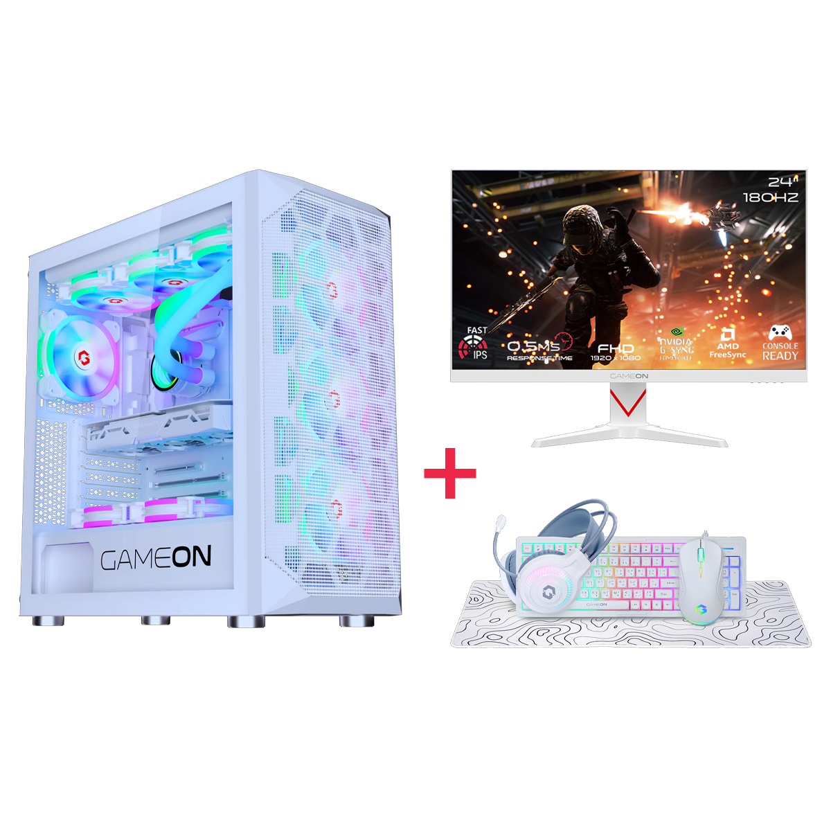 Customized Gaming PC Bundle - Intel i5 14400F Processor, 16GB RAM, 1TB SSD, RTX 3050 6GB, 650W PSU, 24" FHD 180Hz Monitor & All-In-One Gaming Bundle (Keyboard, Headset, Mouse & Mousepad) - White