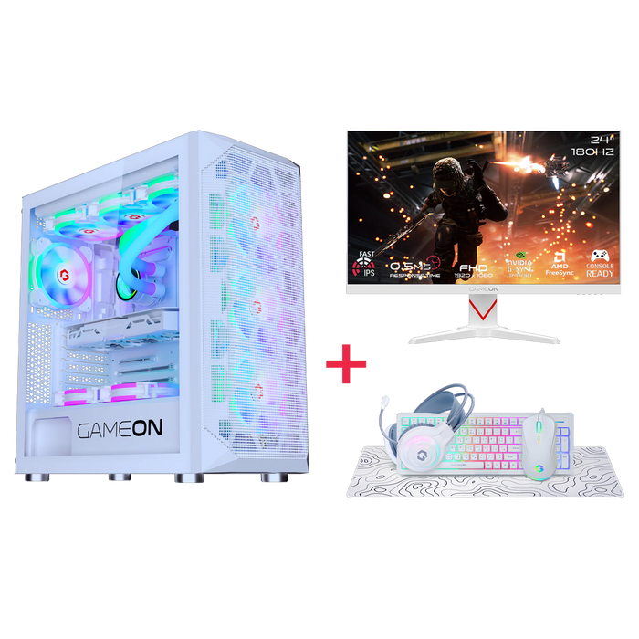 Customized Gaming PC Bundle - Intel i5 14400F Processor, 16GB RAM, 1TB SSD, RTX 3050 6GB, 650W PSU, 24" FHD 180Hz Monitor & All-In-One Gaming Bundle (Keyboard, Headset, Mouse & Mousepad) - White