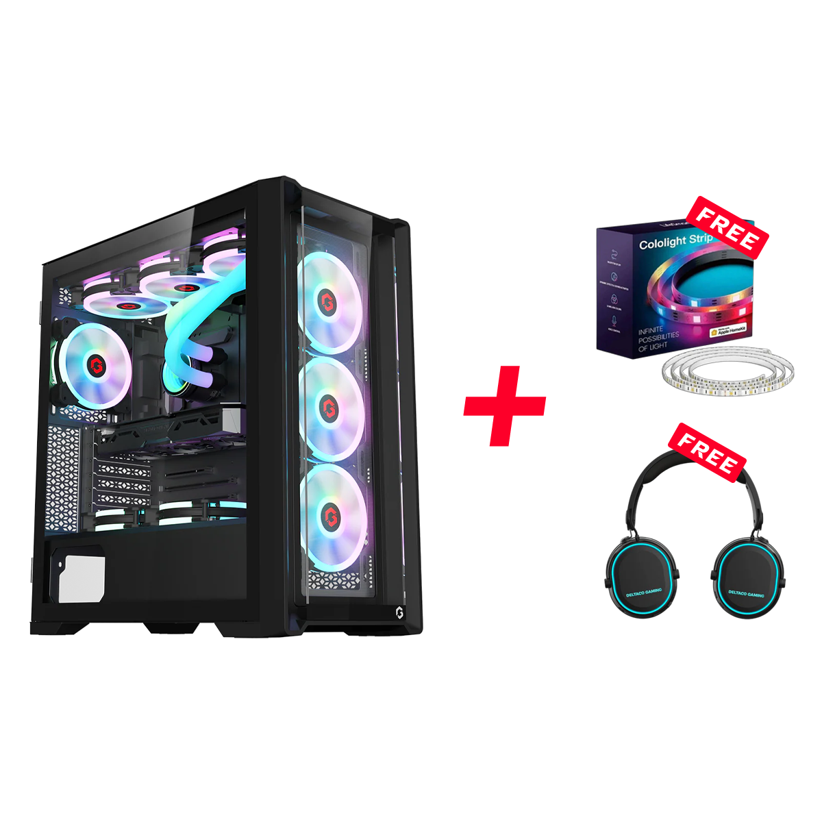 Customized Gaming PC Bundle - Intel i5 12400F Processor, 16GB RAM, 1TB SSD, RTX 3050 6GB, 650W PSU, Liquid Cooler + FREE Cololight LED Strip Light & Deltaco Gaming Headset - Black