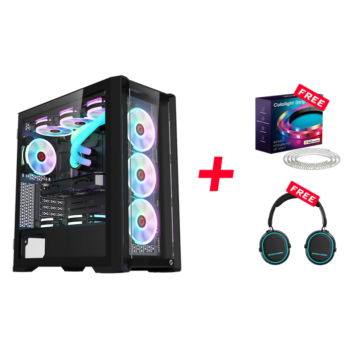 Customized Gaming PC Bundle - Intel i5 12400F Processor, 16GB RAM, 1TB SSD, RTX 3050 6GB, 650W PSU, Liquid Cooler + FREE Cololight LED Strip Light & Deltaco Gaming Headset - Black