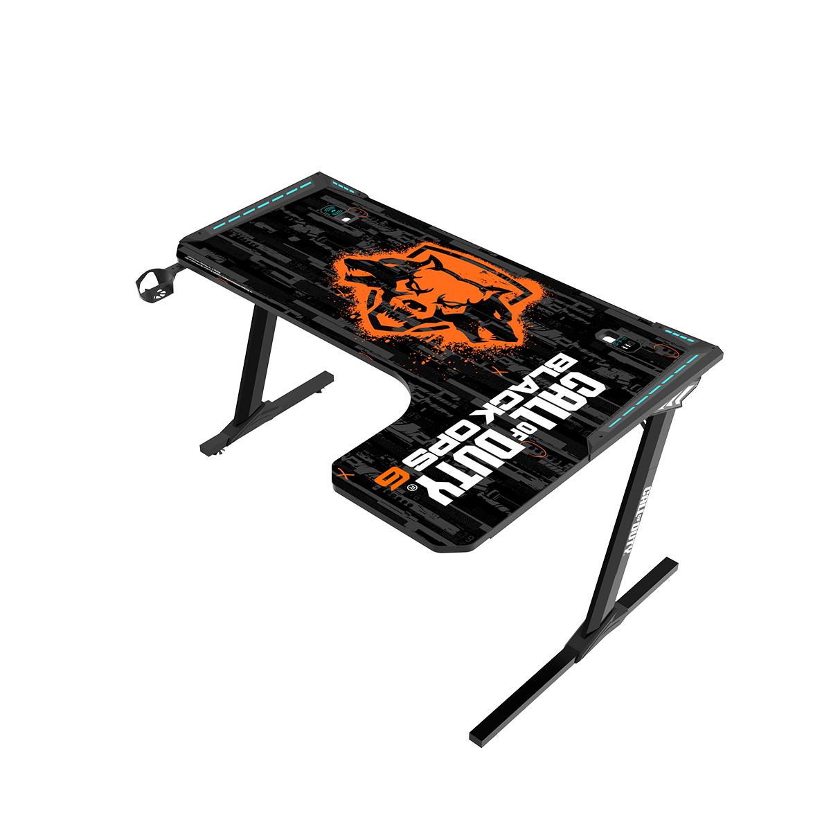 Call Of Duty (COD) Raptor BLKOPS6-R Series L-Shaped RGB Flowing Light Gaming Desk With Mouse pad, Headphone Hook, Cup Holder, Cable Management, Gamepad Holder, Qi Wireless Charger & USB Hub - Black