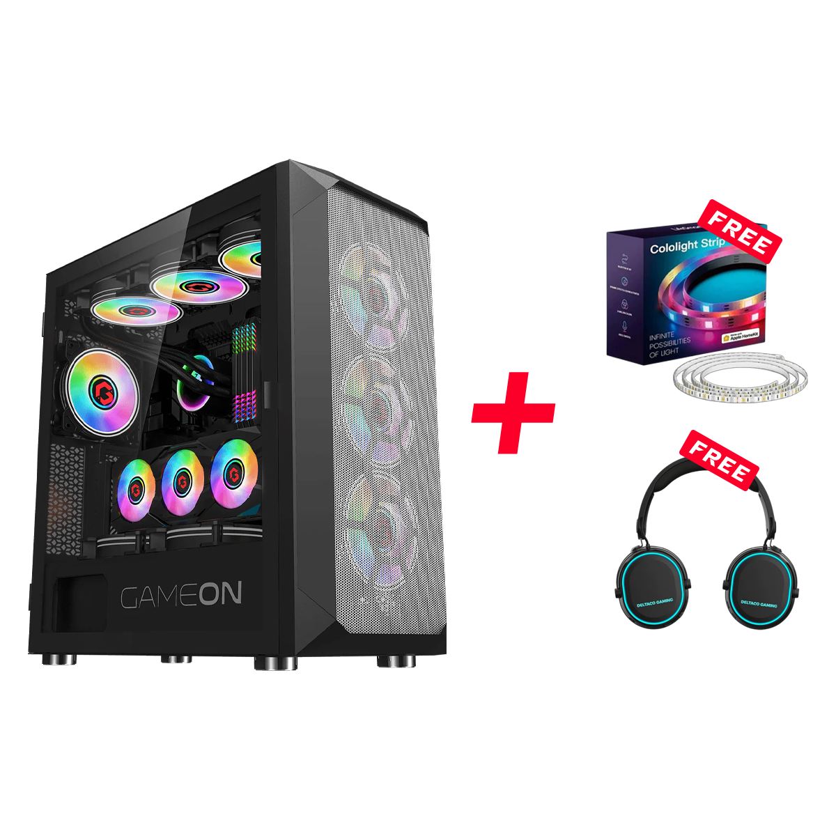 Customized Gaming PC Bundle - Intel i5 12400F Processor, 16GB RAM, 1TB SSD, RTX 3050 6GB, 650W PSU, Liquid Cooler + FREE Cololight LED Strip Light & Deltaco Gaming Headset - Black