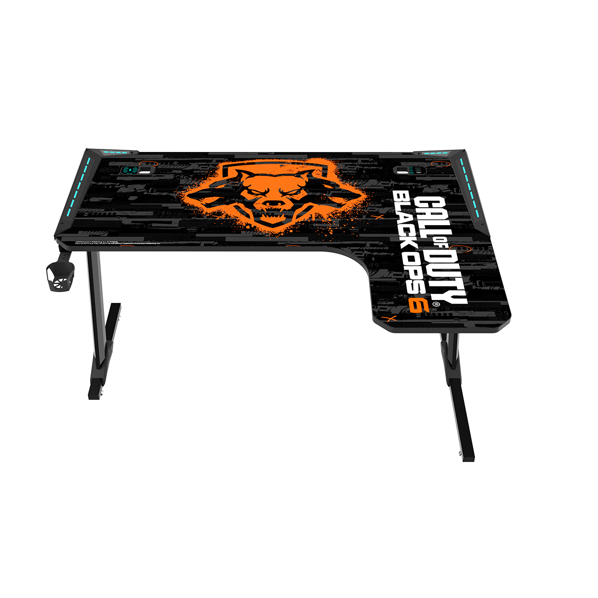 Call Of Duty (COD) Raptor BLKOPS6-R Series L-Shaped RGB Flowing Light Gaming Desk With Mouse pad, Headphone Hook, Cup Holder, Cable Management, Gamepad Holder, Qi Wireless Charger & USB Hub - Black