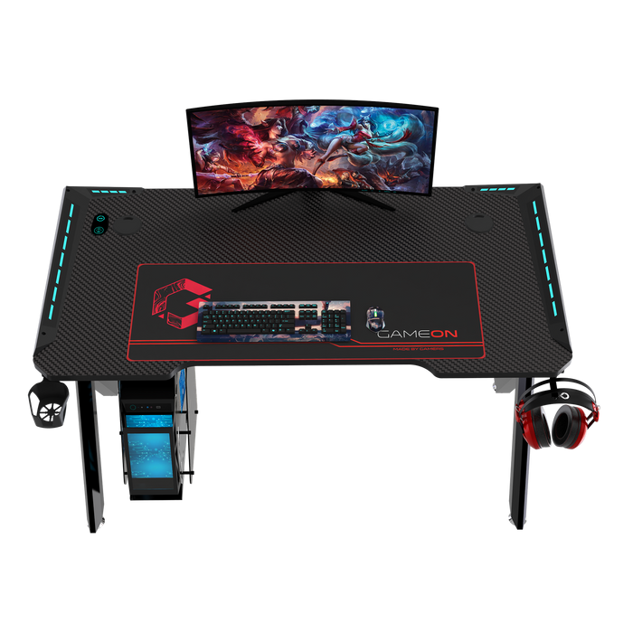 GAMEON Hawksbill Series RGB Flowing Light Gaming Desk (Size: 1200-600-720mm) With (800*300*3mm - Mouse pad), Headphone Hook & Cup Holder - Black