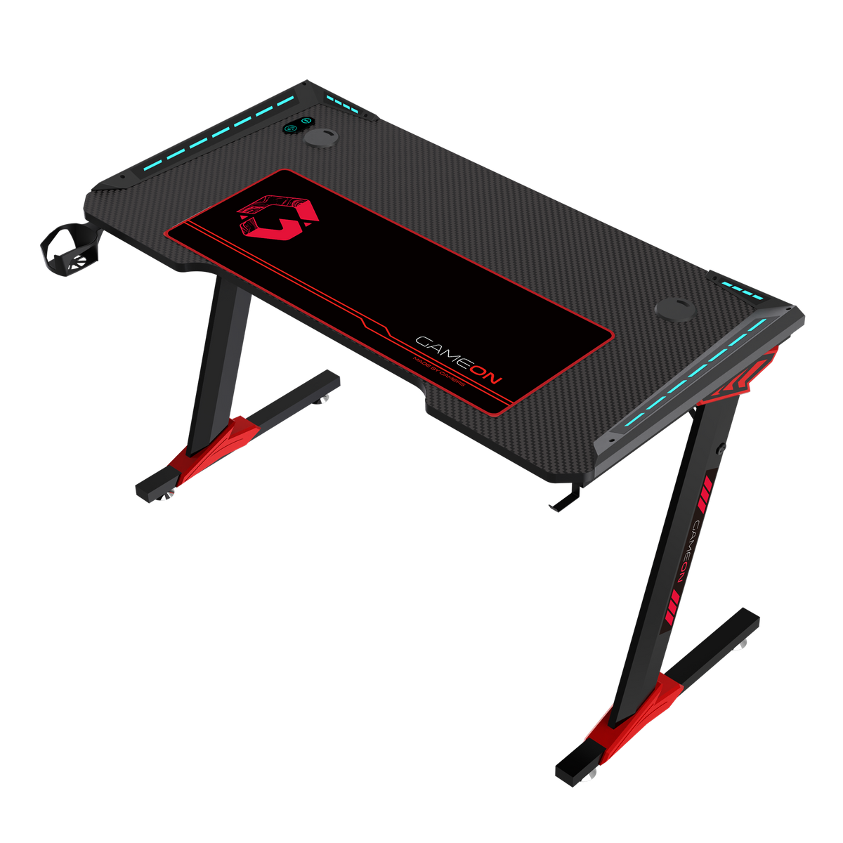 GAMEON Raptor II Series Z-Shaped RGB Flowing Light Gaming Desk (Size: 1400-600-720mm) With (800*300*3mm - Mouse pad), Headphone Hook & Cup Holder - Black