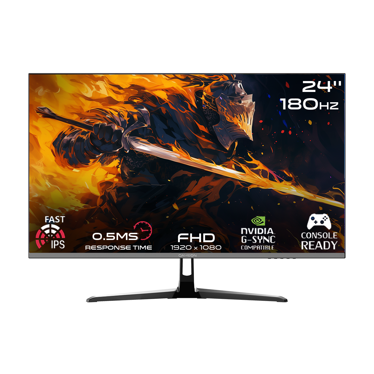 Gaming monitor with fiery design and specifications on a white background