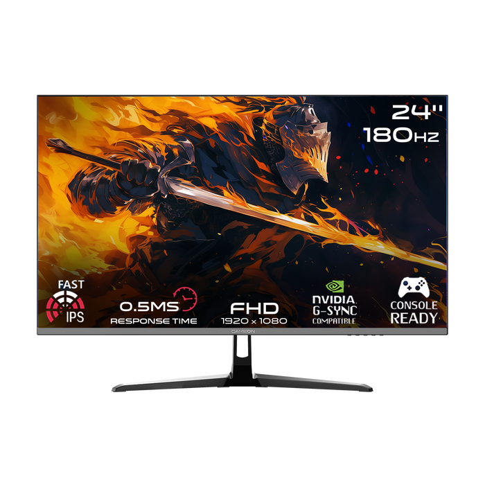 Gaming monitor with fiery design and specifications on a white background
