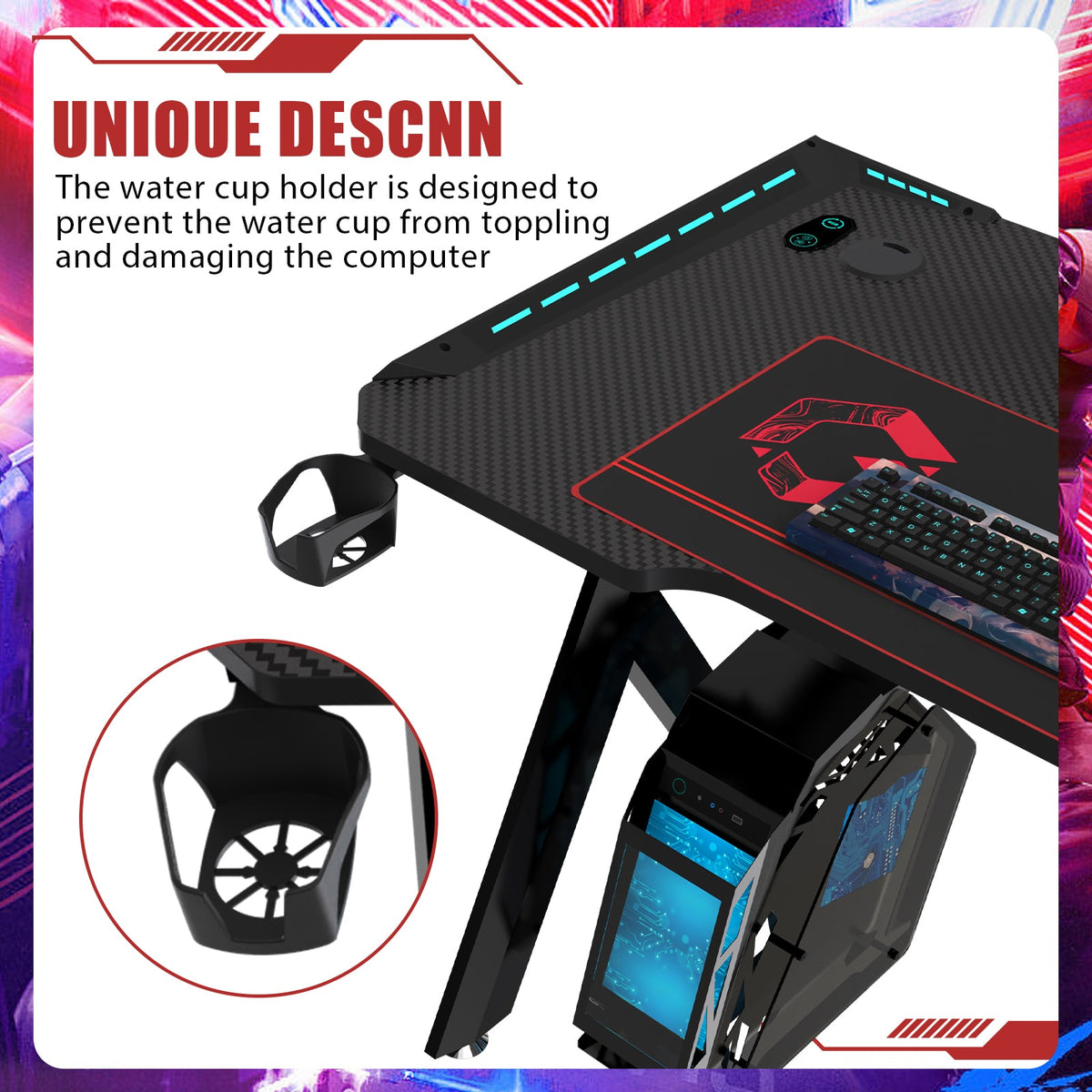 GAMEON Hawksbill Series RGB Flowing Light Gaming Desk (Size: 1200-600-720mm) With (800*300*3mm - Mouse pad), Headphone Hook & Cup Holder - Black