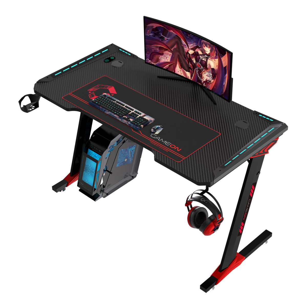 GAMEON Raptor II Series Z-Shaped RGB Flowing Light Gaming Desk (Size: 1400-600-720mm) With (800*300*3mm - Mouse pad), Headphone Hook & Cup Holder - Black
