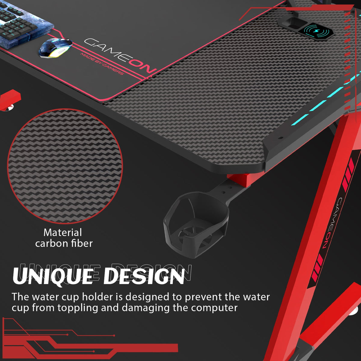 GAMEON Phantom XL-L Series L-Shaped RGB Flowing Light Gaming Desk With Mouse pad, Headphone Hook, Cup Holder, Cable Management, Gamepad Holder, Qi Wireless Charger & USB Hub - Black