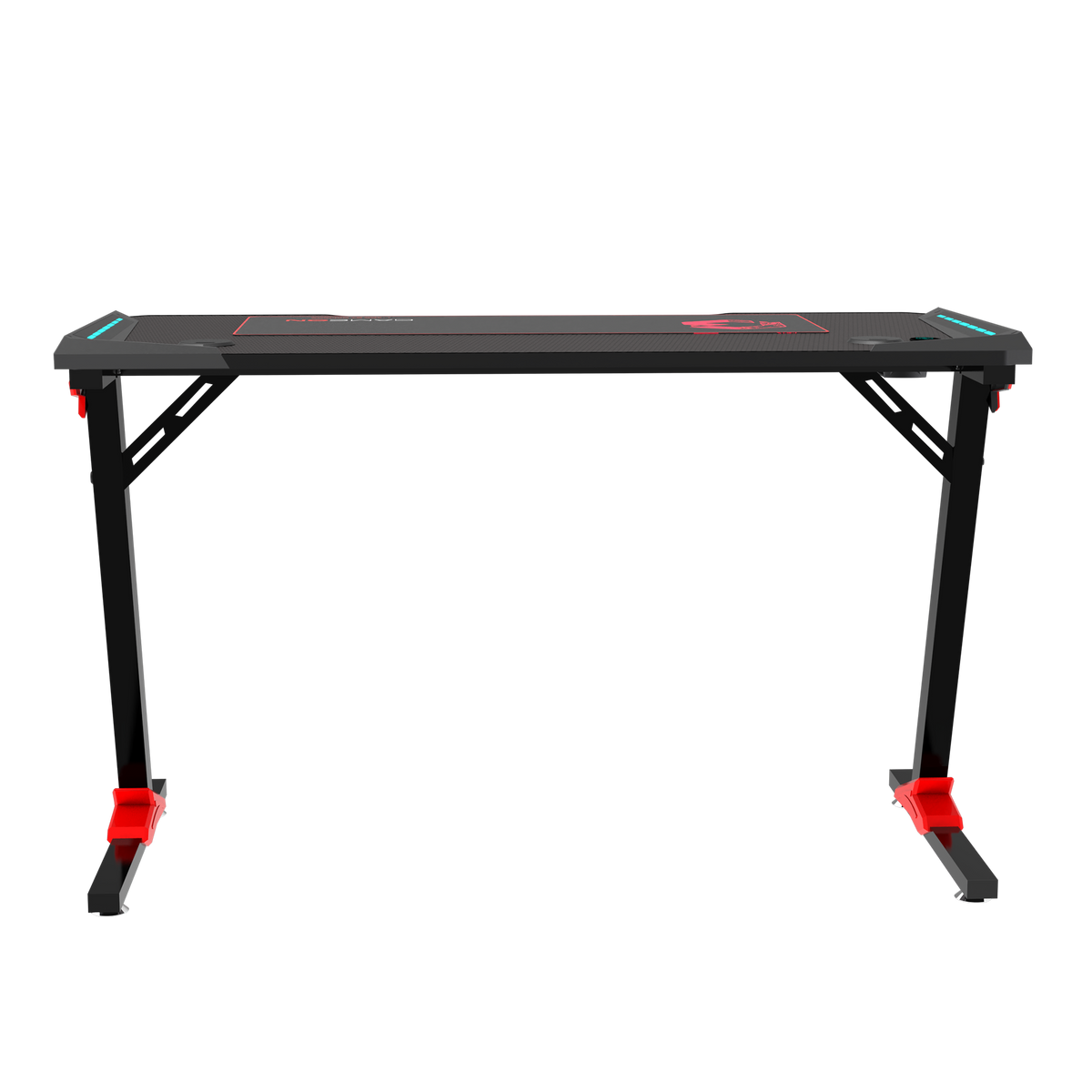 GAMEON Raptor II Series Z-Shaped RGB Flowing Light Gaming Desk (Size: 1400-600-720mm) With (800*300*3mm - Mouse pad), Headphone Hook & Cup Holder - Black