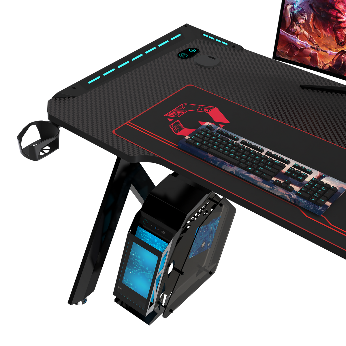 GAMEON Hawksbill Series RGB Flowing Light Gaming Desk (Size: 1200-600-720mm) With (800*300*3mm - Mouse pad), Headphone Hook & Cup Holder - Black