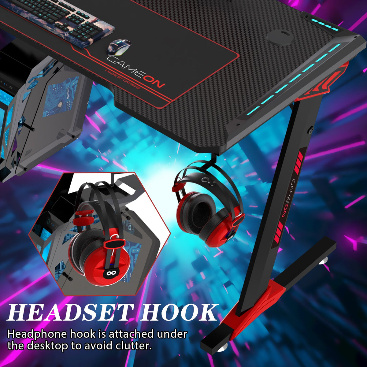 GAMEON Raptor II Series Z-Shaped RGB Flowing Light Gaming Desk (Size: 1400-600-720mm) With (800*300*3mm - Mouse pad), Headphone Hook & Cup Holder - Black