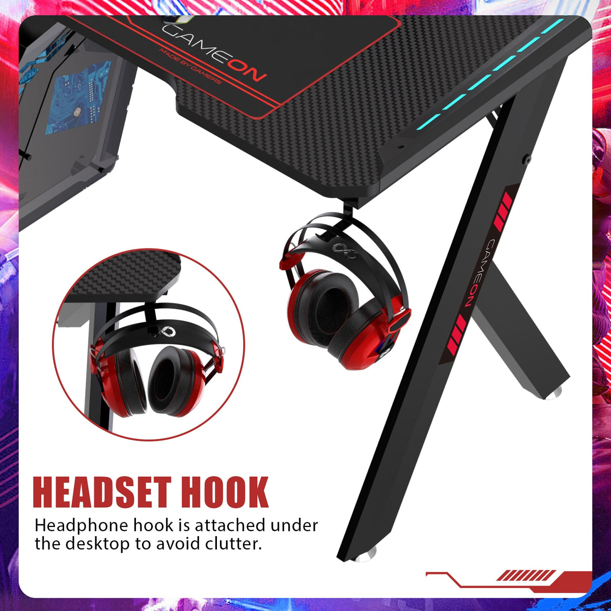 GAMEON Hawksbill Series RGB Flowing Light Gaming Desk (Size: 1200-600-720mm) With (800*300*3mm - Mouse pad), Headphone Hook & Cup Holder - Black