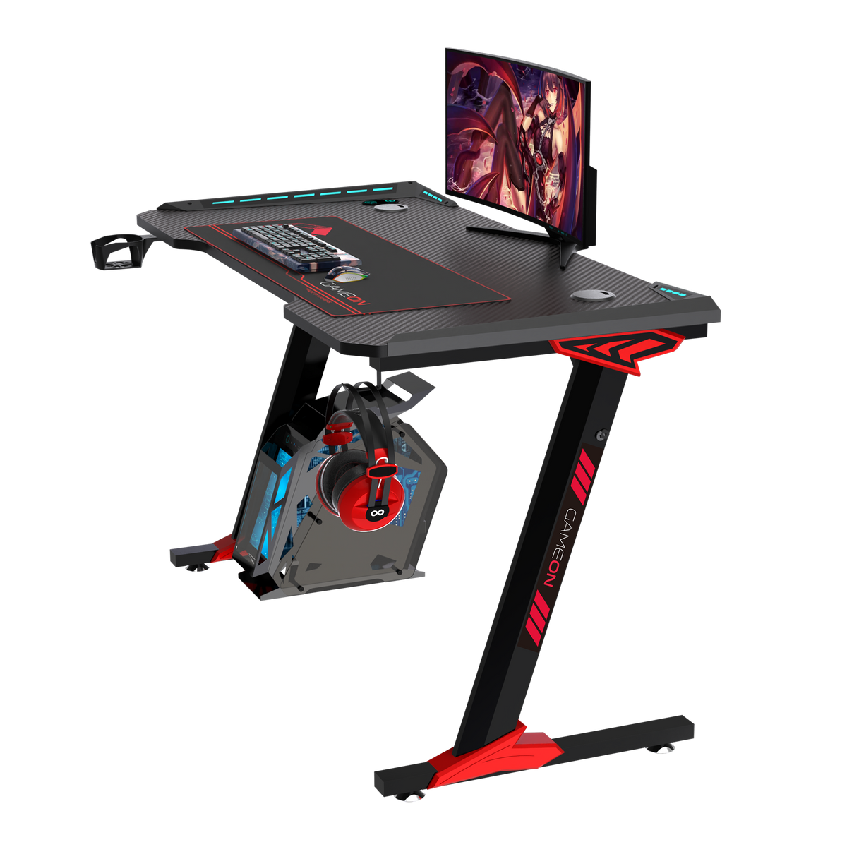 GAMEON Raptor II Series Z-Shaped RGB Flowing Light Gaming Desk (Size: 1400-600-720mm) With (800*300*3mm - Mouse pad), Headphone Hook & Cup Holder - Black