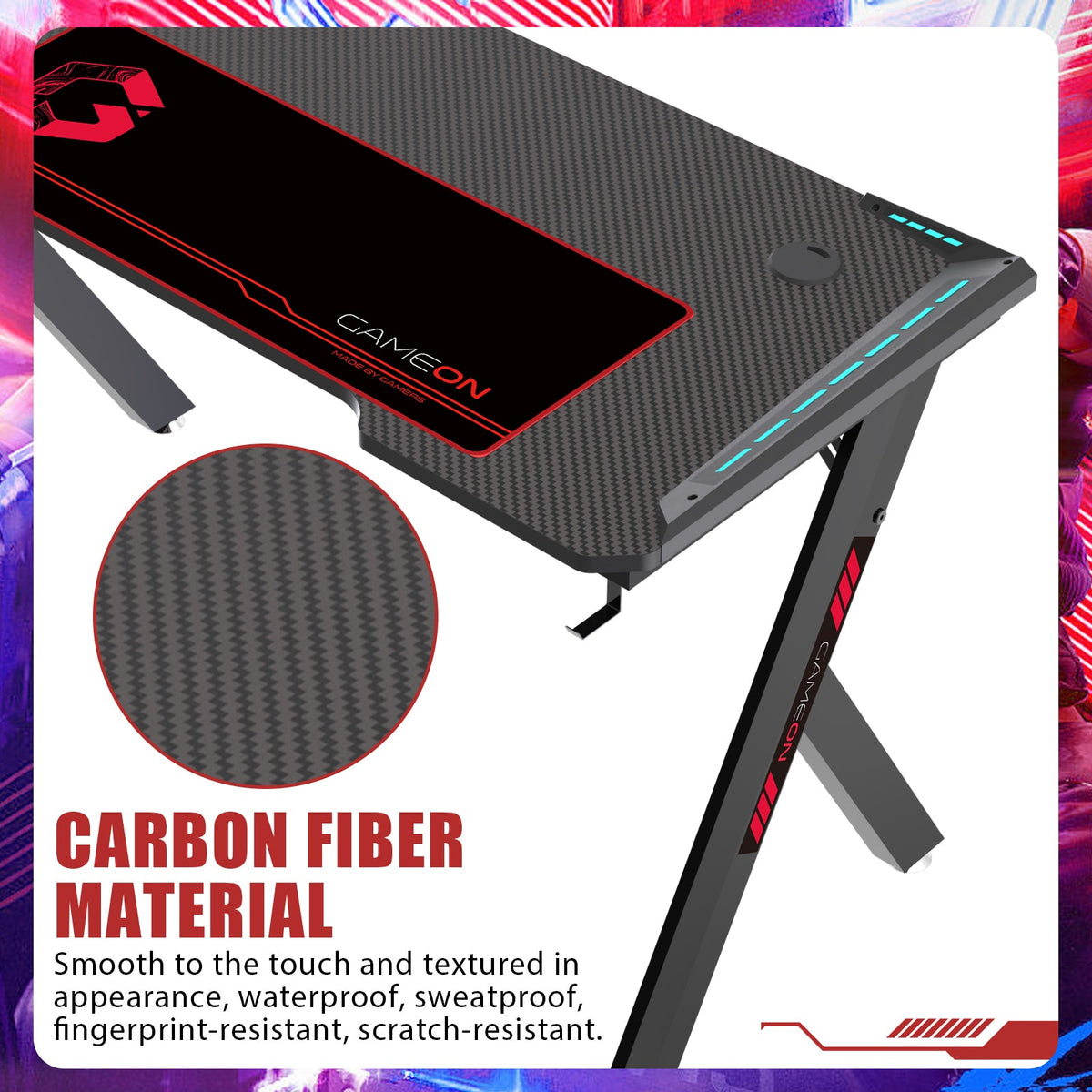 GAMEON Hawksbill Series RGB Flowing Light Gaming Desk (Size: 1200-600-720mm) With (800*300*3mm - Mouse pad), Headphone Hook & Cup Holder - Black