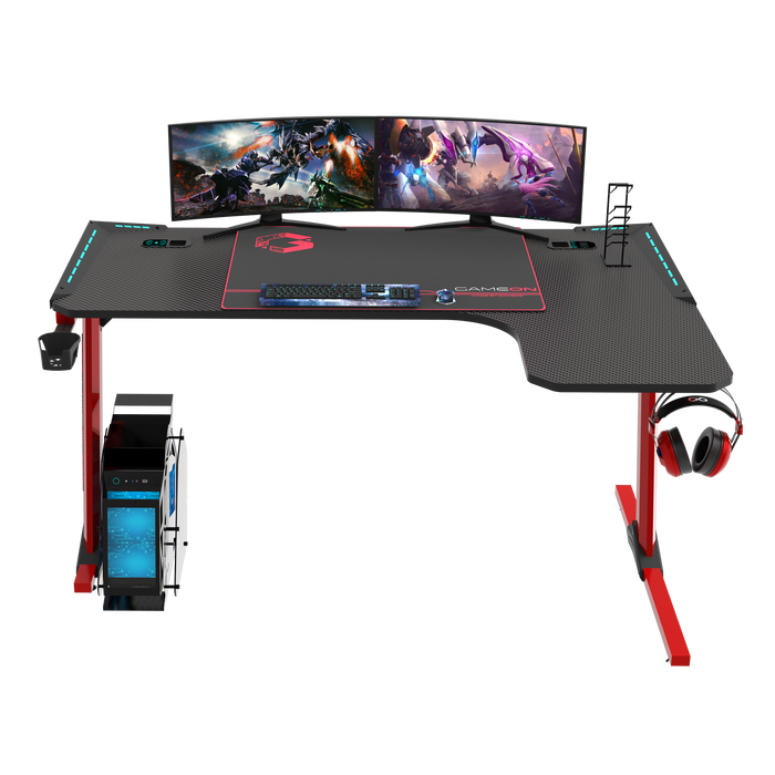 GAMEON Phantom XL-R Series L-Shaped RGB Flowing Light Gaming Desk With Mouse pad, Headphone Hook, Cup Holder, Cable Management, Gamepad Holder, Qi Wireless Charger & USB Hub - Black