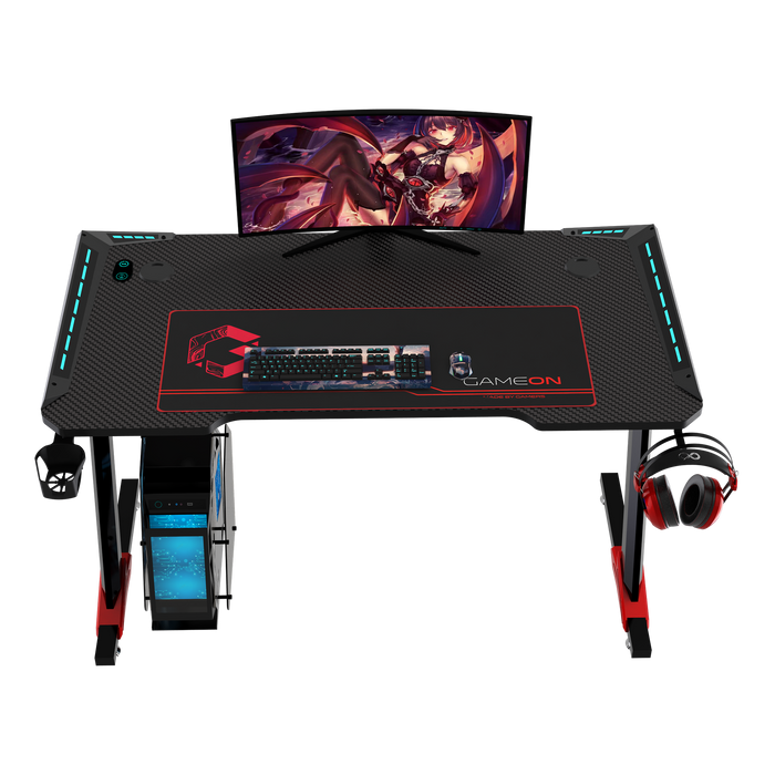 GAMEON Raptor II Series Z-Shaped RGB Flowing Light Gaming Desk (Size: 1400-600-720mm) With (800*300*3mm - Mouse pad), Headphone Hook & Cup Holder - Black