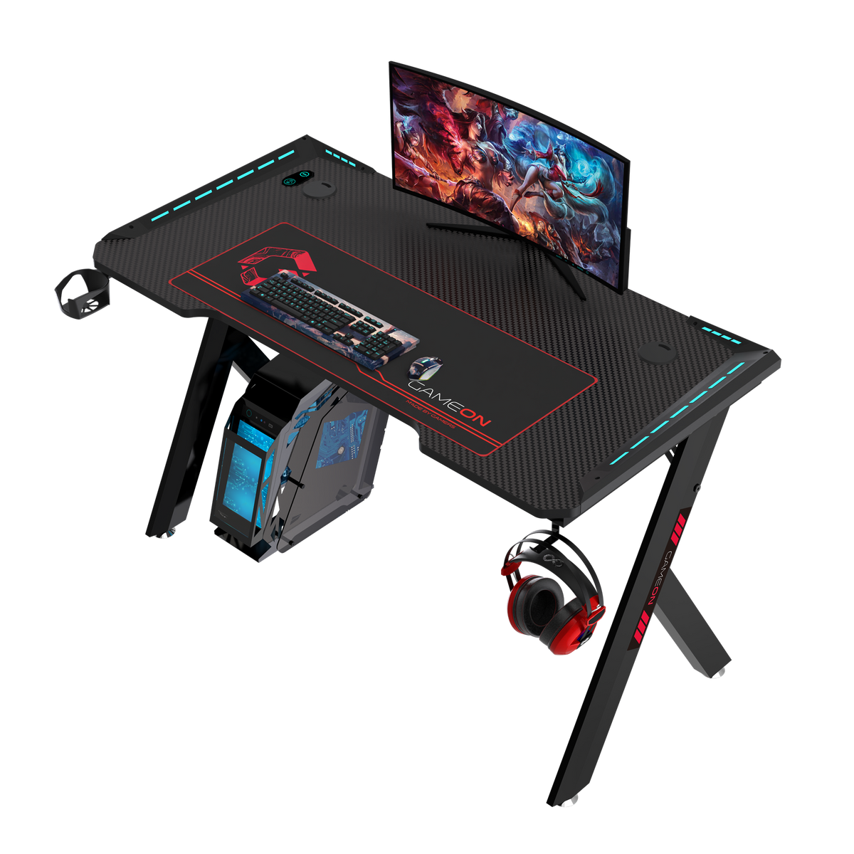 GAMEON Hawksbill Series RGB Flowing Light Gaming Desk (Size: 1200-600-720mm) With (800*300*3mm - Mouse pad), Headphone Hook & Cup Holder - Black