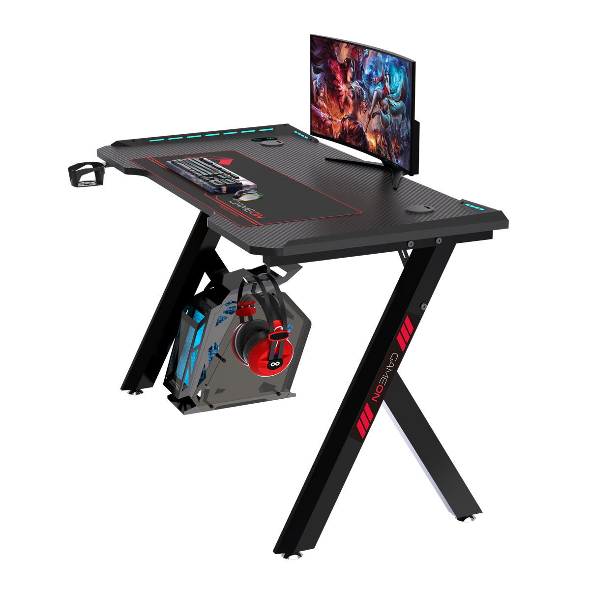 GAMEON Hawksbill Series RGB Flowing Light Gaming Desk (Size: 1200-600-720mm) With (800*300*3mm - Mouse pad), Headphone Hook & Cup Holder - Black