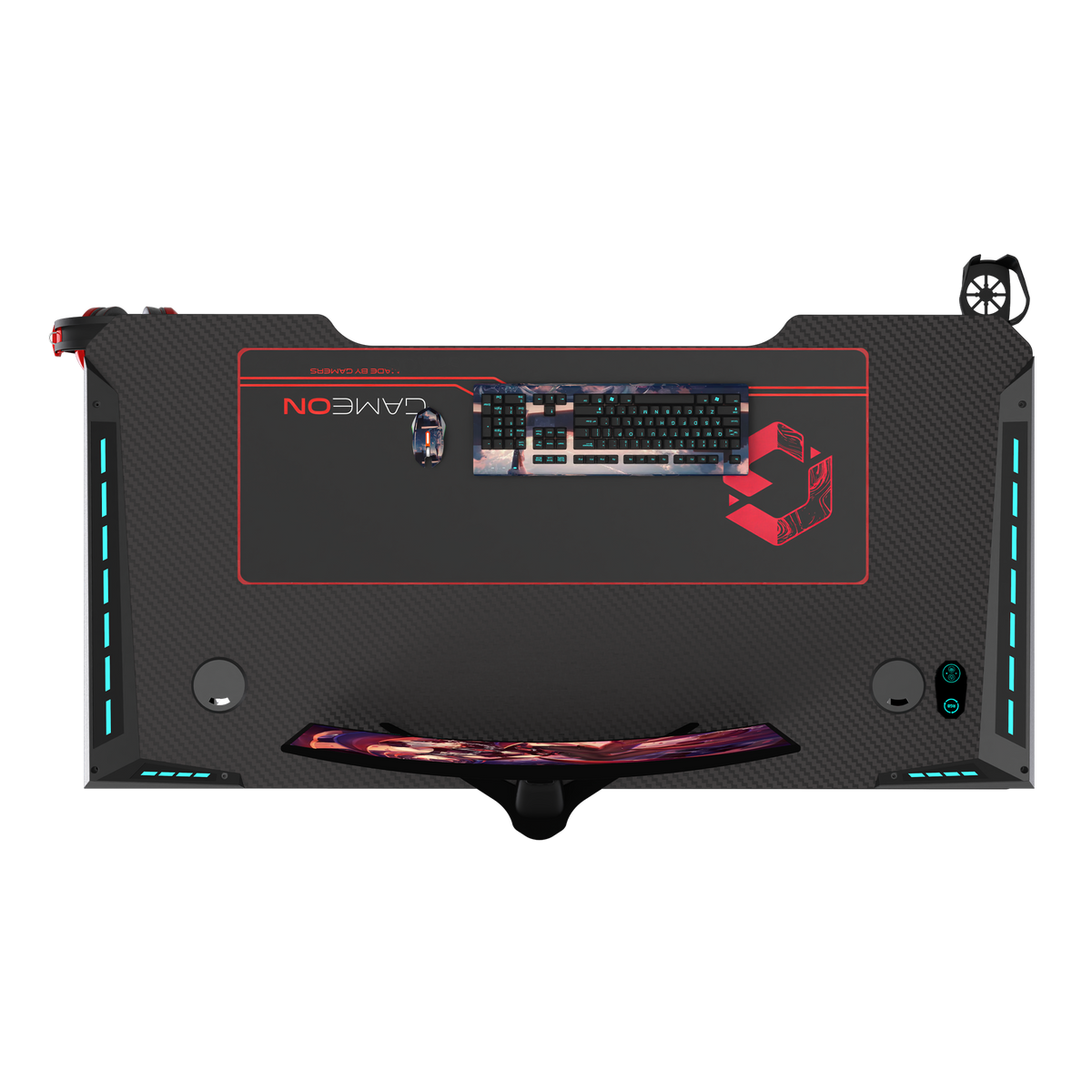 GAMEON Raptor II Series Z-Shaped RGB Flowing Light Gaming Desk (Size: 1400-600-720mm) With (800*300*3mm - Mouse pad), Headphone Hook & Cup Holder - Black