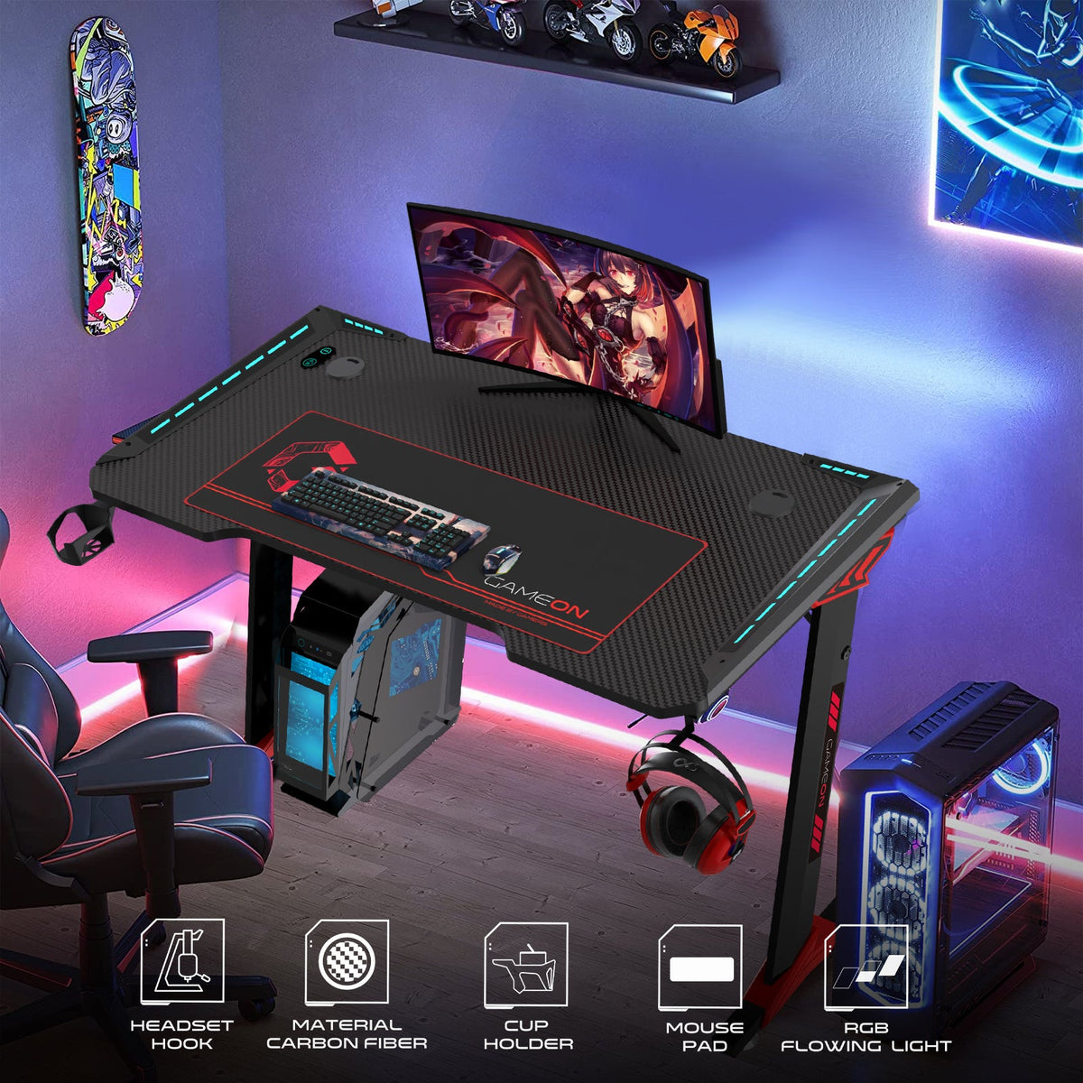 GAMEON Raptor II Series Z-Shaped RGB Flowing Light Gaming Desk (Size: 1400-600-720mm) With (800*300*3mm - Mouse pad), Headphone Hook & Cup Holder - Black