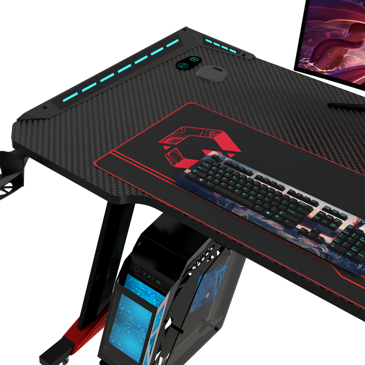 GAMEON Raptor II Series Z-Shaped RGB Flowing Light Gaming Desk (Size: 1400-600-720mm) With (800*300*3mm - Mouse pad), Headphone Hook & Cup Holder - Black