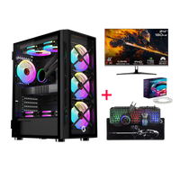 Gaming PC setup with RGB lighting, monitor, keyboard, and mouse on a white background