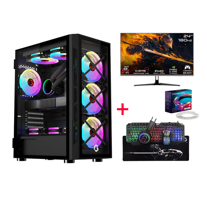 Gaming PC setup with RGB lighting, monitor, keyboard, and mouse on a white background