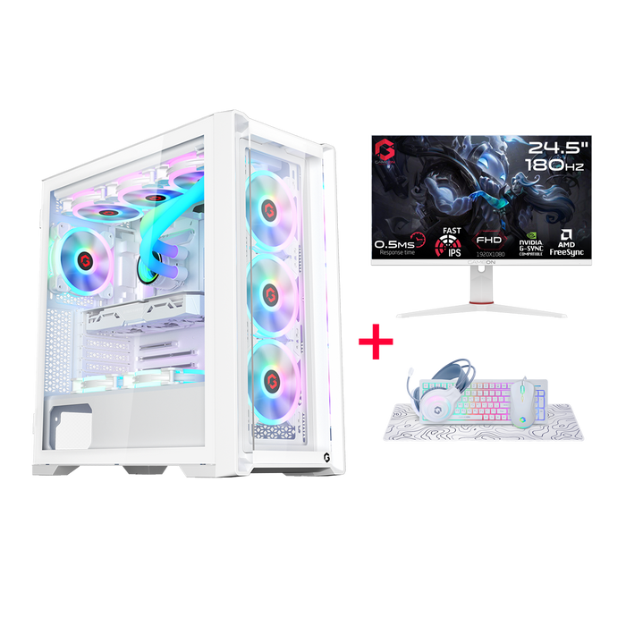 Customized Gaming PC Bundle - Intel i5 12400F Processor, 16GB RAM, 1TB SSD, RTX 3050 6GB, 650W PSU, Liquid Cooler, 24" FHD 180Hz IPS Monitor & All-in-One Gaming Bundle (Keyboard, Headset, Mouse, Mousepad) - White