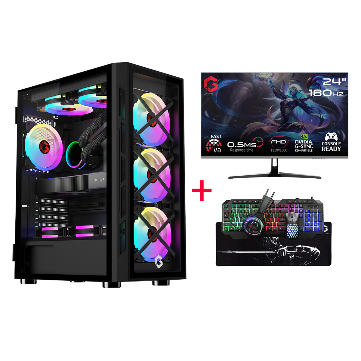 Customized Gaming PC Bundle - Intel i5 12400F Processor, 16GB RAM, 1TB SSD, RTX 3050 6GB, 650W PSU, 24" FHD 180Hz Monitor & All-In-One Gaming Bundle (Keyboard, Headset, Mouse & Mousepad) - Black