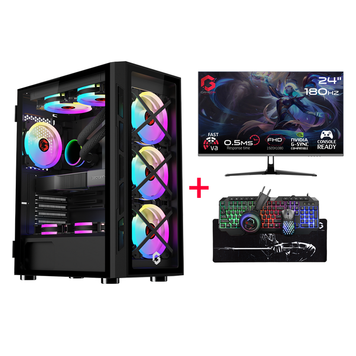 Customized Gaming PC Bundle - Intel i5 12400F Processor, 16GB RAM, 1TB SSD, RTX 3050 6GB, 650W PSU, 24" FHD 180Hz Monitor & All-In-One Gaming Bundle (Keyboard, Headset, Mouse & Mousepad) - Black
