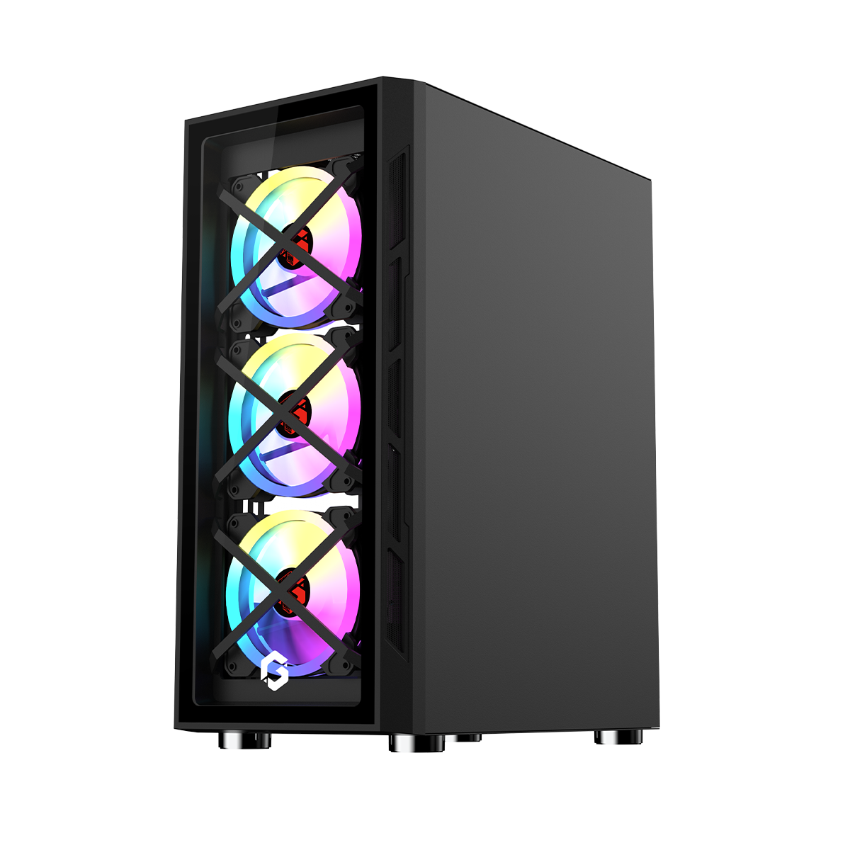 Black computer case with RGB lighting on a white background