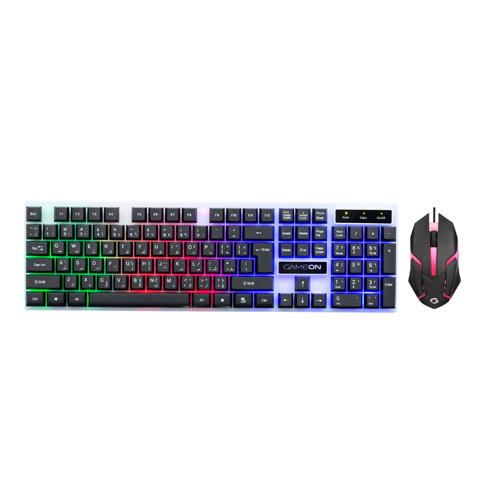 Front view of GAMEON DOMINION Series GO21KM-B RGB Wired Keyboard & Mouse 2 in 1 Combo, featuring a full-size English/Arabic layout keyboard with rainbow backlighting and matching ergonomic RGB gaming mouse.