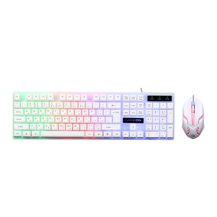 Front view of GAMEON DOMINION Series GO21KM-W RGB Wired Keyboard & Mouse 2 in 1 Combo, featuring a full-size English/Arabic layout keyboard with rainbow backlighting and matching ergonomic RGB gaming mouse.