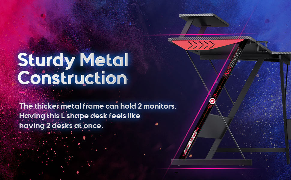 GAMEON L-Shaped Slayer I Series Gaming Desk (Size: 129*129*74cm & Table top 80*46cm) With Headset Hook, Cup Holder & Accessories Stand - Black