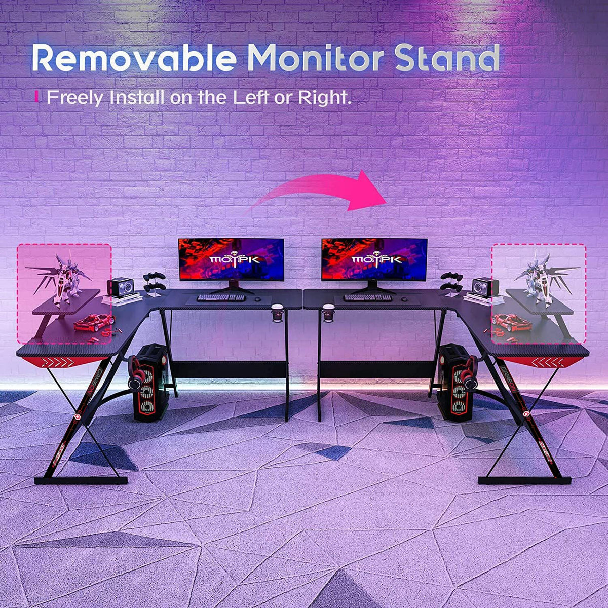 GAMEON L-Shaped Slayer I Series Gaming Desk (Size: 129*129*74cm & Table top 80*46cm) With Headset Hook, Cup Holder & Accessories Stand - Black