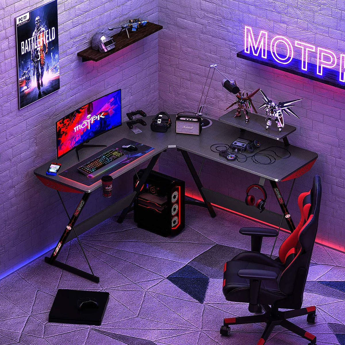 GAMEON L-Shaped Slayer I Series Gaming Desk (Size: 129*129*74cm & Table top 80*46cm) With Headset Hook, Cup Holder & Accessories Stand - Black