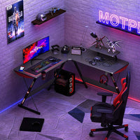 GAMEON L-Shaped Slayer I Series Gaming Desk (Size: 129*129*74cm & Table top 80*46cm) With Headset Hook, Cup Holder & Accessories Stand - Black