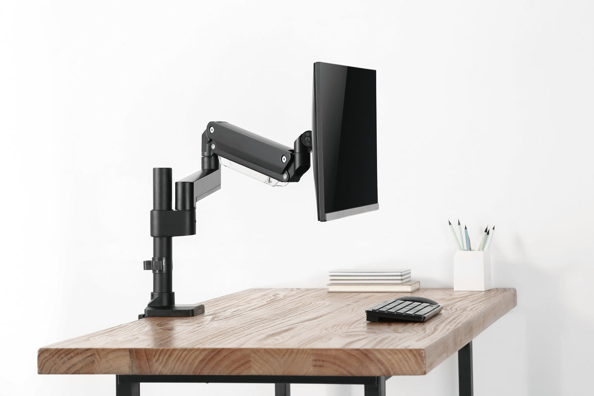 GAMEON GO-2083 Pole-Mounted Aluminum Heavy-Duty Spring-Assisted Single Monitor Arm For Gaming And Office Use, 17" - 49", Flat Monitor Up To 18 KG & Curve Monitor Up To 14 KG, Black