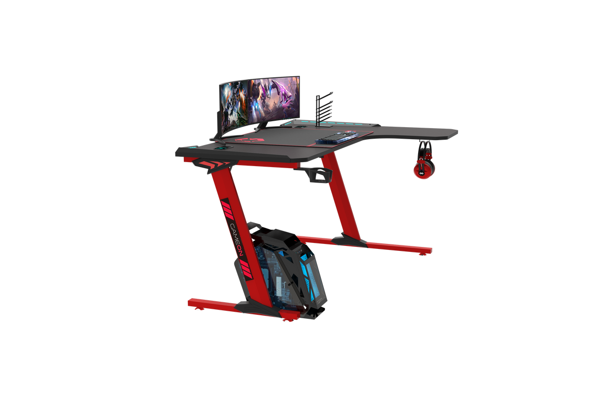 GAMEON Phantom XL-L Series L-Shaped RGB Flowing Light Gaming Desk With Mouse pad, Headphone Hook, Cup Holder, Cable Management, Gamepad Holder, Qi Wireless Charger & USB Hub - Black