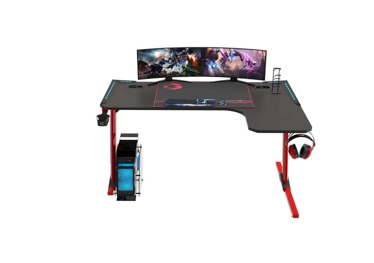 GAMEON Phantom XL-L Series L-Shaped RGB Flowing Light Gaming Desk With Mouse pad, Headphone Hook, Cup Holder, Cable Management, Gamepad Holder, Qi Wireless Charger & USB Hub - Black