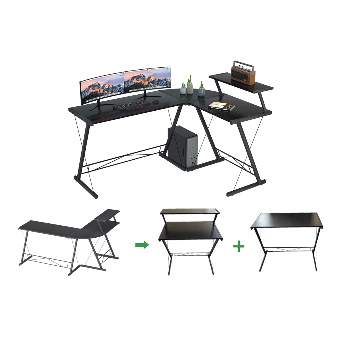 GAMEON 3 in 1 L-Shaped Slayer II XL Series Gaming Desk (Size: 150*112*74cm & Table top 100*48cm + 60*48cm) With Accessories Stand GOSLAYERXLII  - Black