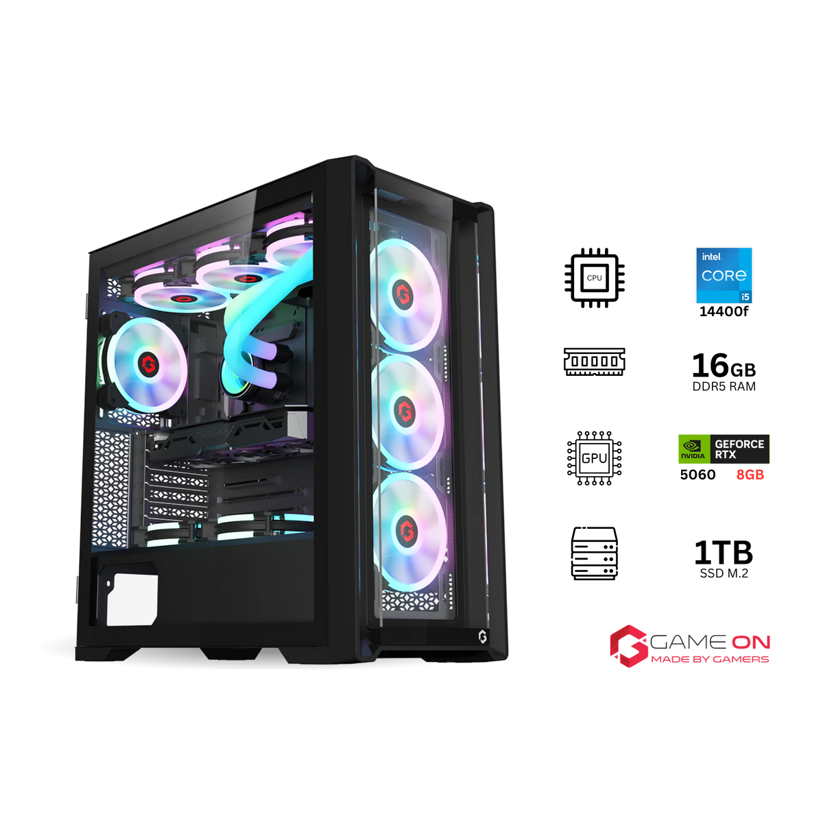 Customized Gaming PC Bundle - Intel i5 14400F Processor, 16GB RAM, 1TB SSD, RTX 5060 8GB, 750W PSU, 24" FHD 190Hz  Monitor with Stand & All-In-One Gaming Bundle (Keyboard, Headset, Mouse & Mousepad) - Black