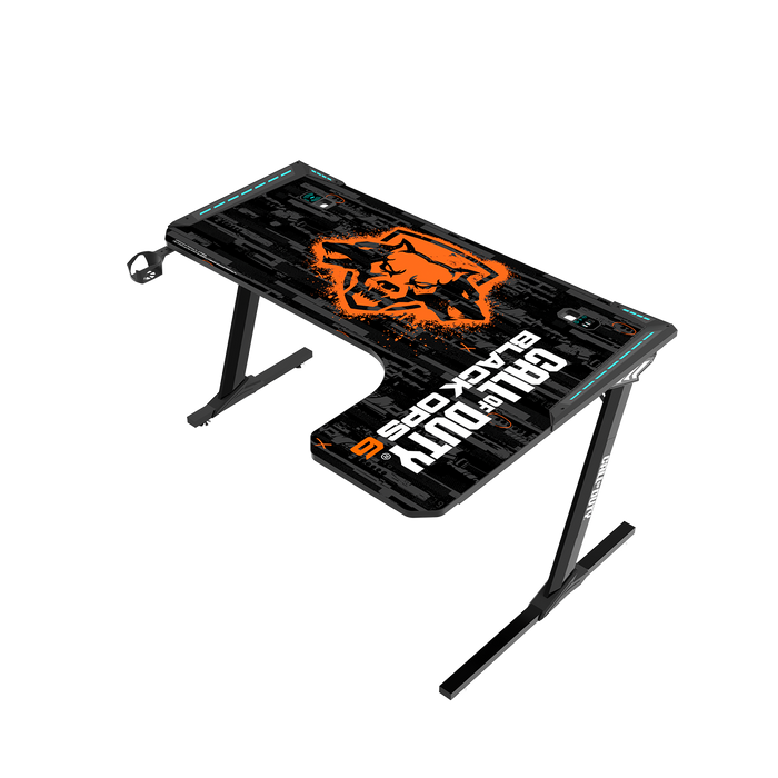 Call Of Duty (COD) Raptor BLKOPS6-R Series L-Shaped RGB Flowing Light Gaming Desk With Mouse pad, Headphone Hook, Cup Holder, Cable Management, Gamepad Holder, Qi Wireless Charger & USB Hub - Black
