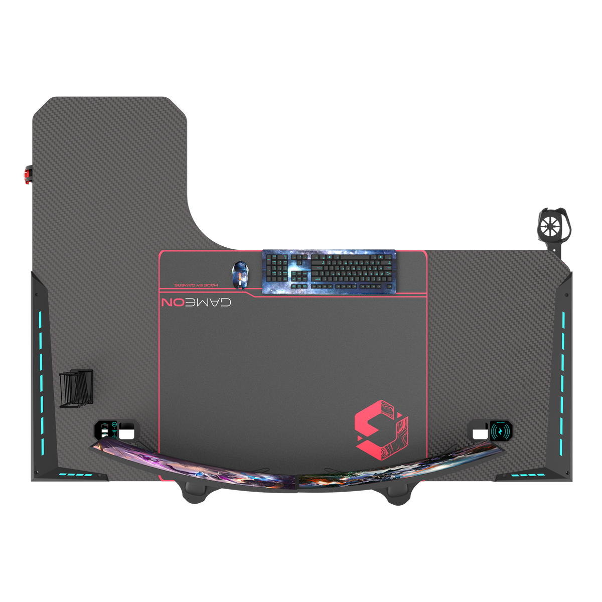 GAMEON Phantom XL-R Series L-Shaped RGB Flowing Light Gaming Desk With Mouse pad, Headphone Hook, Cup Holder, Cable Management, Gamepad Holder, Qi Wireless Charger & USB Hub - Black