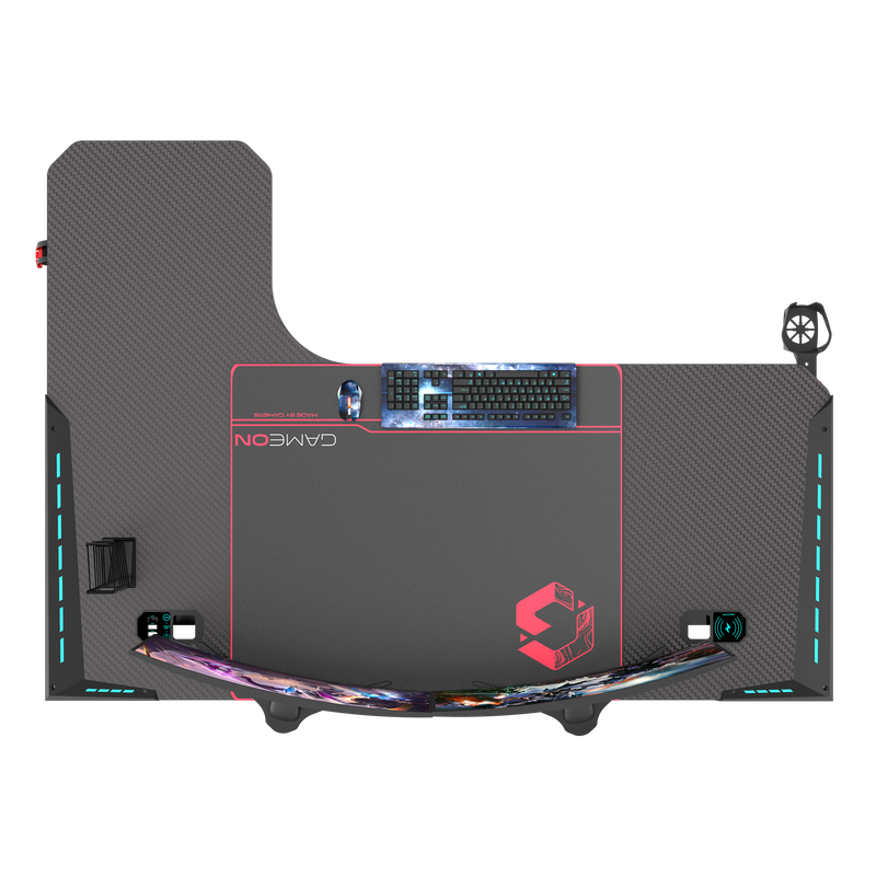 GAMEON Phantom XL-R Series L-Shaped RGB Flowing Light Gaming Desk With Mouse pad, Headphone Hook, Cup Holder, Cable Management, Gamepad Holder, Qi Wireless Charger & USB Hub - Black