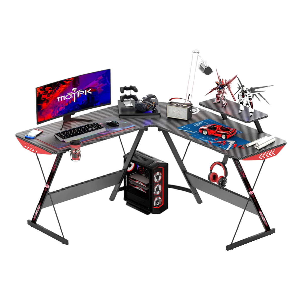 GAMEON L-Shaped Slayer I Series Gaming Desk (Size: 129*129*74cm & Table top 80*46cm) With Headset Hook, Cup Holder & Accessories Stand - Black